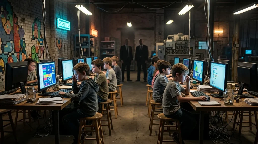 Groupe d'enfants travaillant sur des ordinateurs dans une salle de code