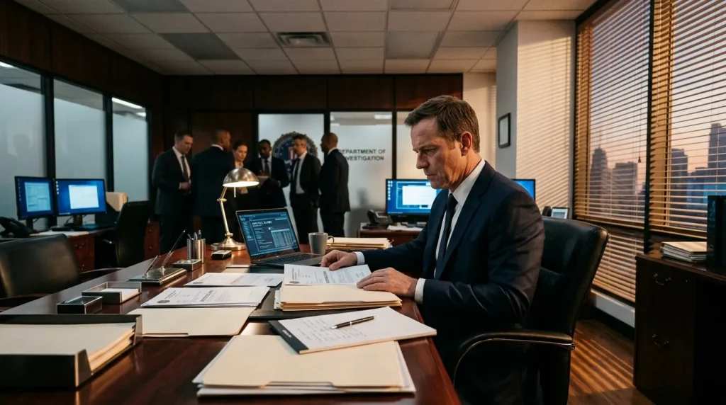 Agent fédéral examine documents dans bureau moderne avec collègues.