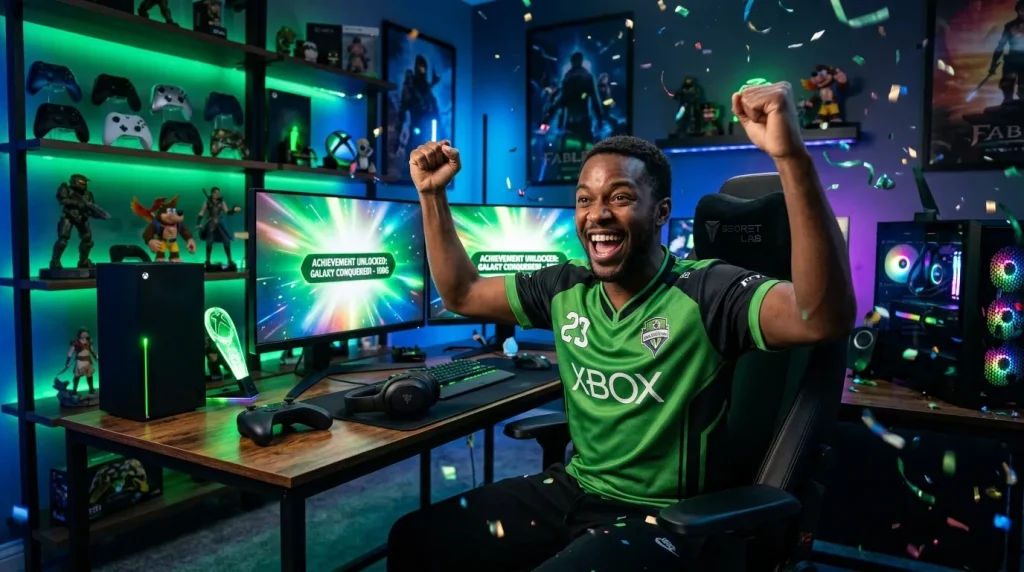 Joueur triomphant dans un setup gaming vert et bleu