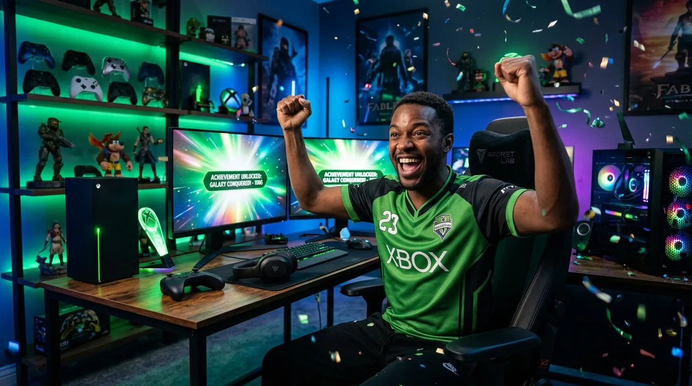 Joueur triomphant dans un setup gaming vert et bleu
