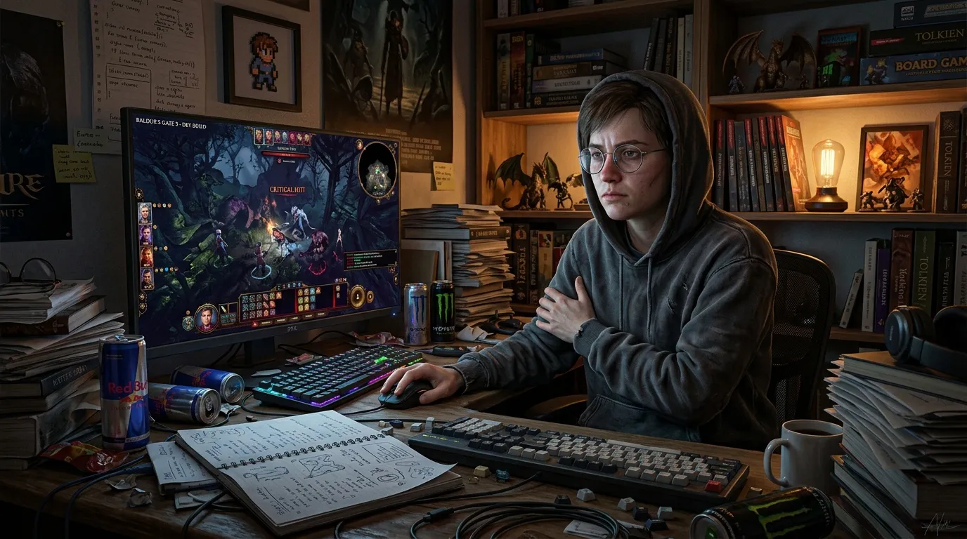 Jeune homme jouant à Baldur's Gate 3 dans son bureau