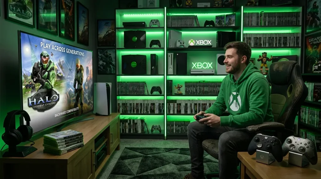 Homme jouant aux jeux vidéo Xbox dans un setup gaming vert