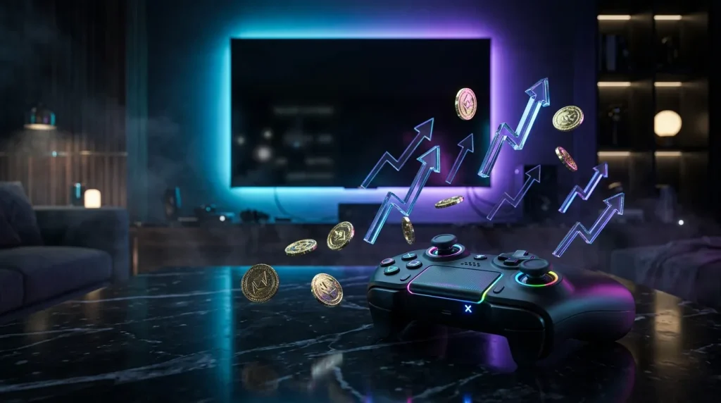 Contrôleur de jeu avec pièces crypto et graphiques ascendants