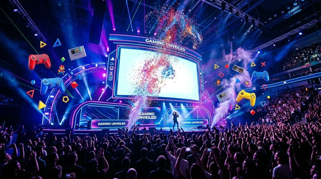 Scène de concert gaming avec écrans géants et foule enthousiaste