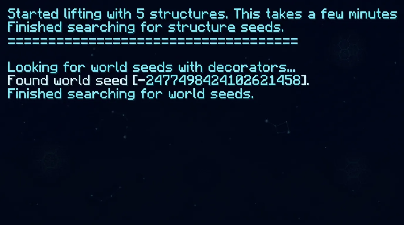 Console affichant la recherche de seeds de monde Minecraft
