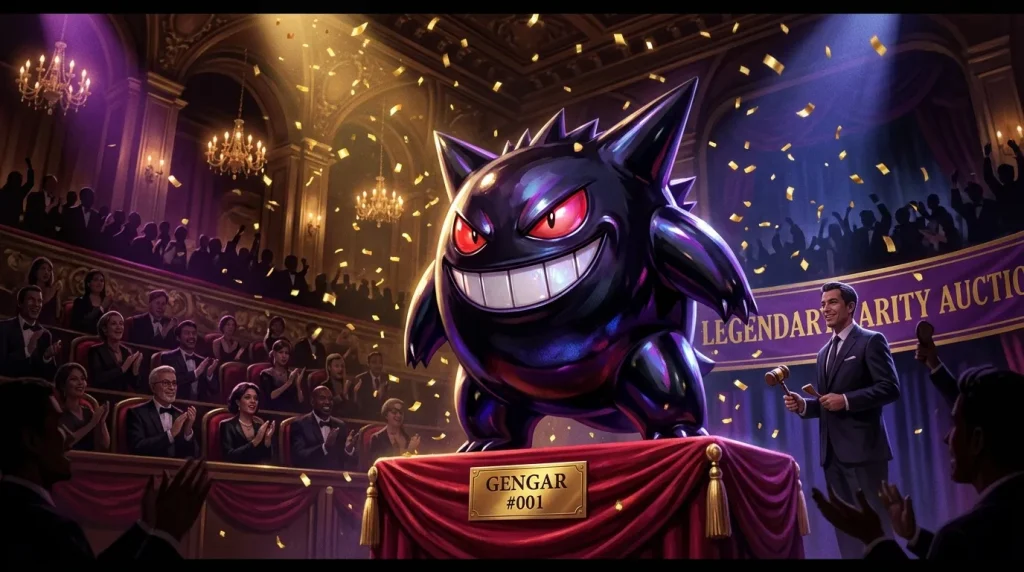 Gengar sur un podium d'enchère légendaire dans un théâtre