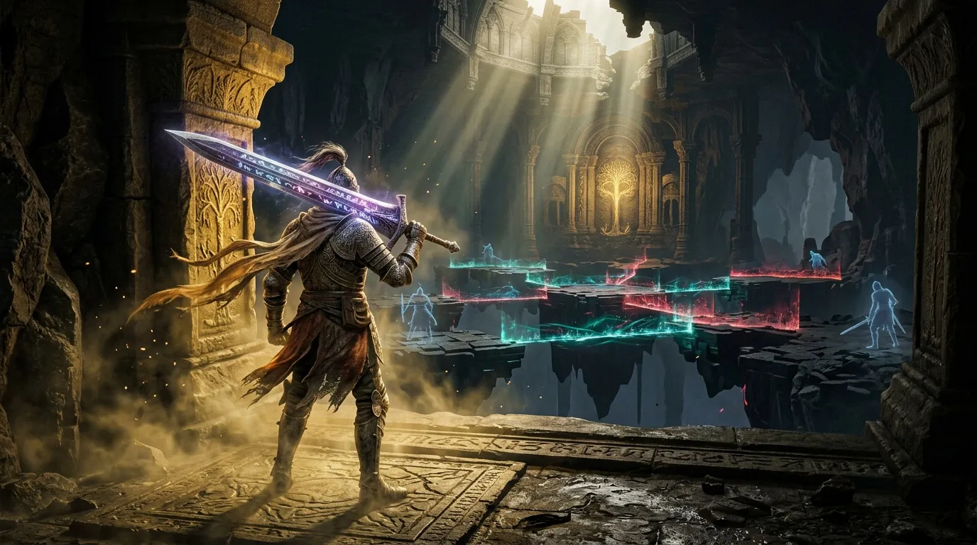 Chevalier brandissant épée magique dans temple ancien illuminé
