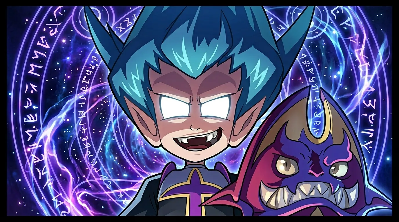 Personnage anime aux cheveux bleus avec créature démoniaque violette