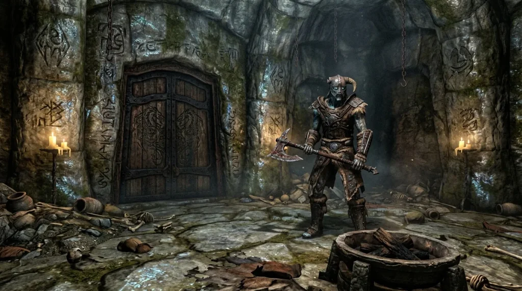 Orc armé dans souterrain aux murs antiques et portes sculptées