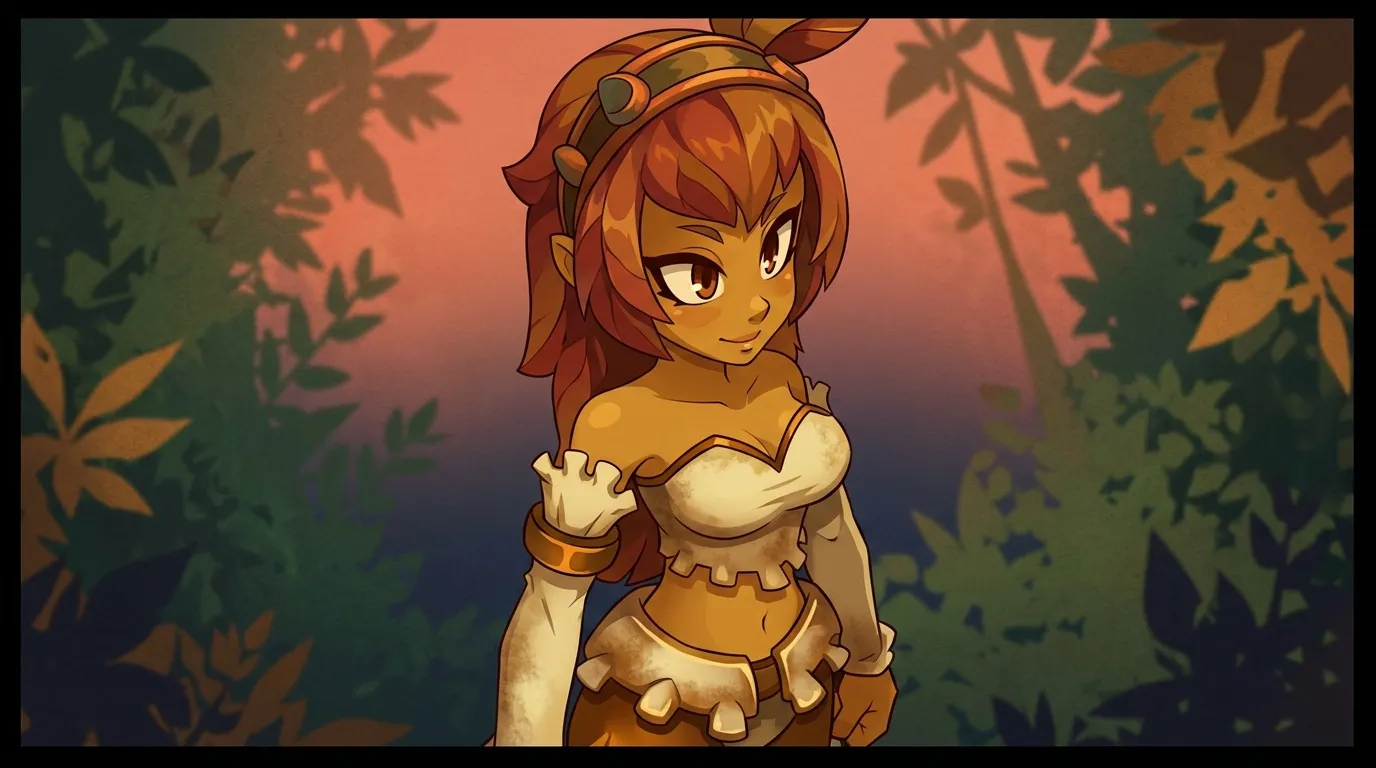 Femme anime avec cheveux roux vêtue d'armure dorée