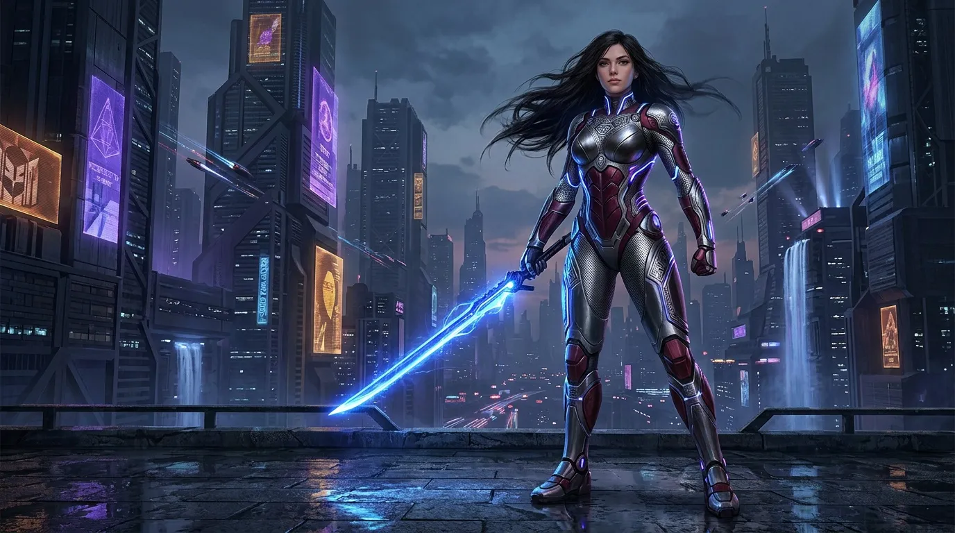 Femme en armure métallique avec épée bleue lumineuse.