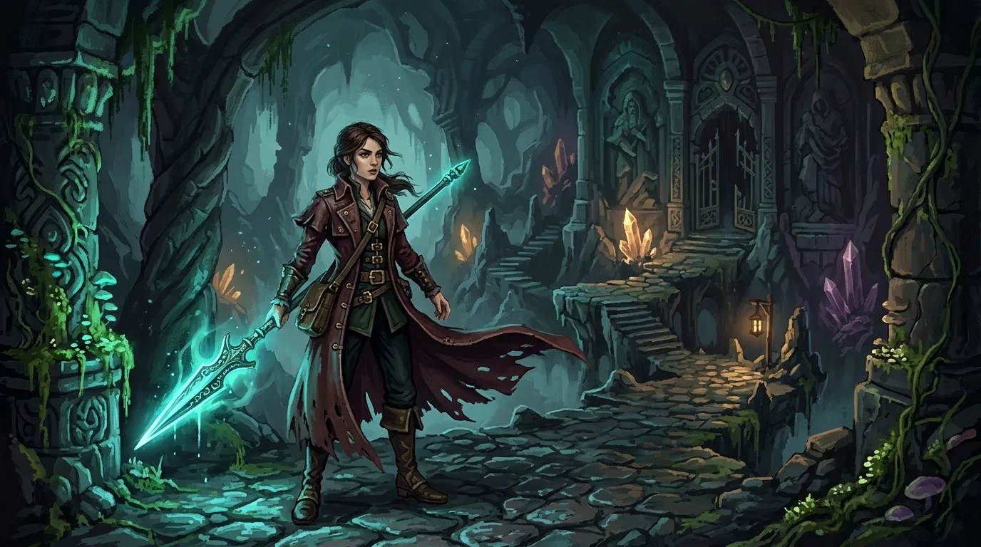 Femme guerrière avec épée brillante dans temple souterrain.
