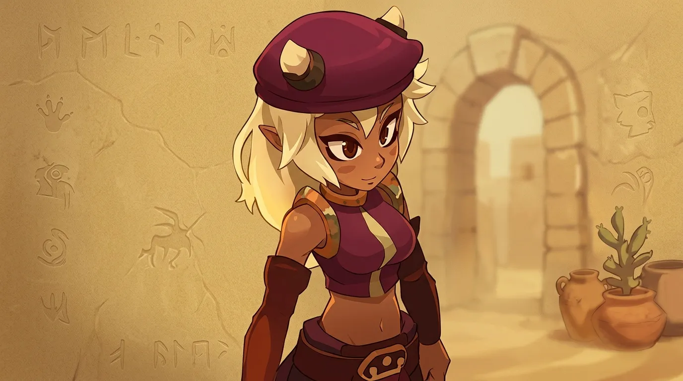 Jeune femme guerrière blonde avec beret marron dans décor désertique