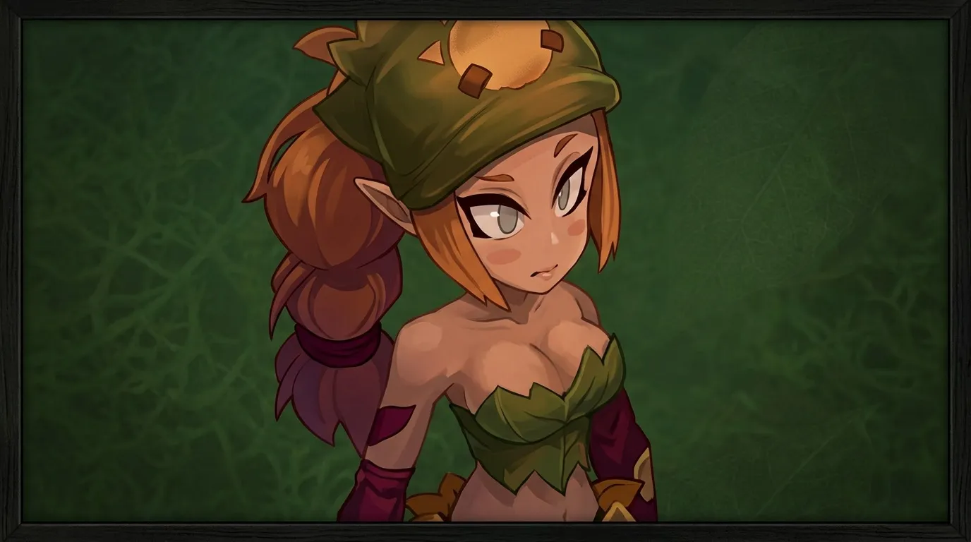 Personnage féminin elfique en tenue de guerrier verte et marron