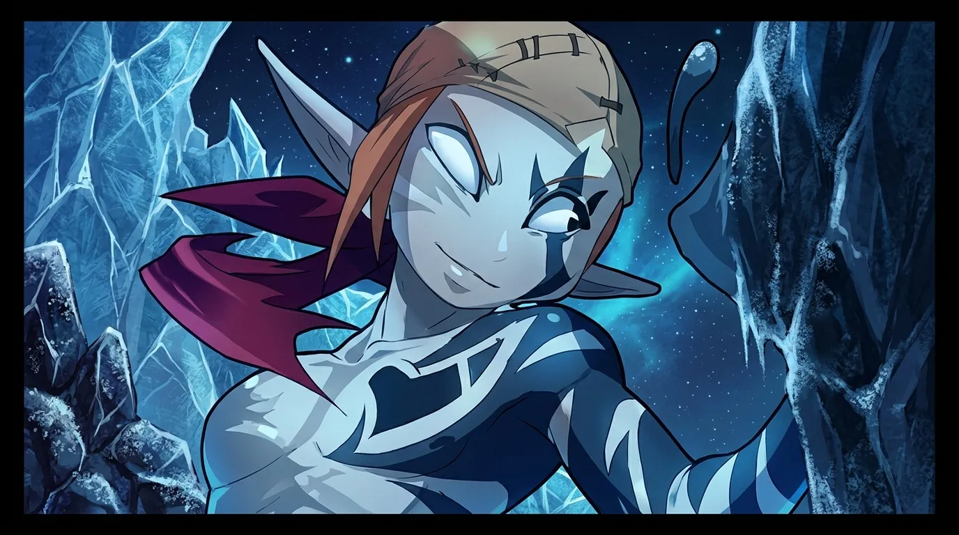Personnage animé femme avec cape rouge dans caverne glacée