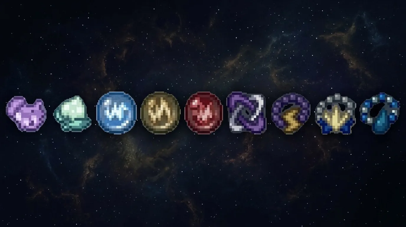 Neuf ic&ocirc;nes de cristaux color&eacute;s pixelis&eacute;s Terraria