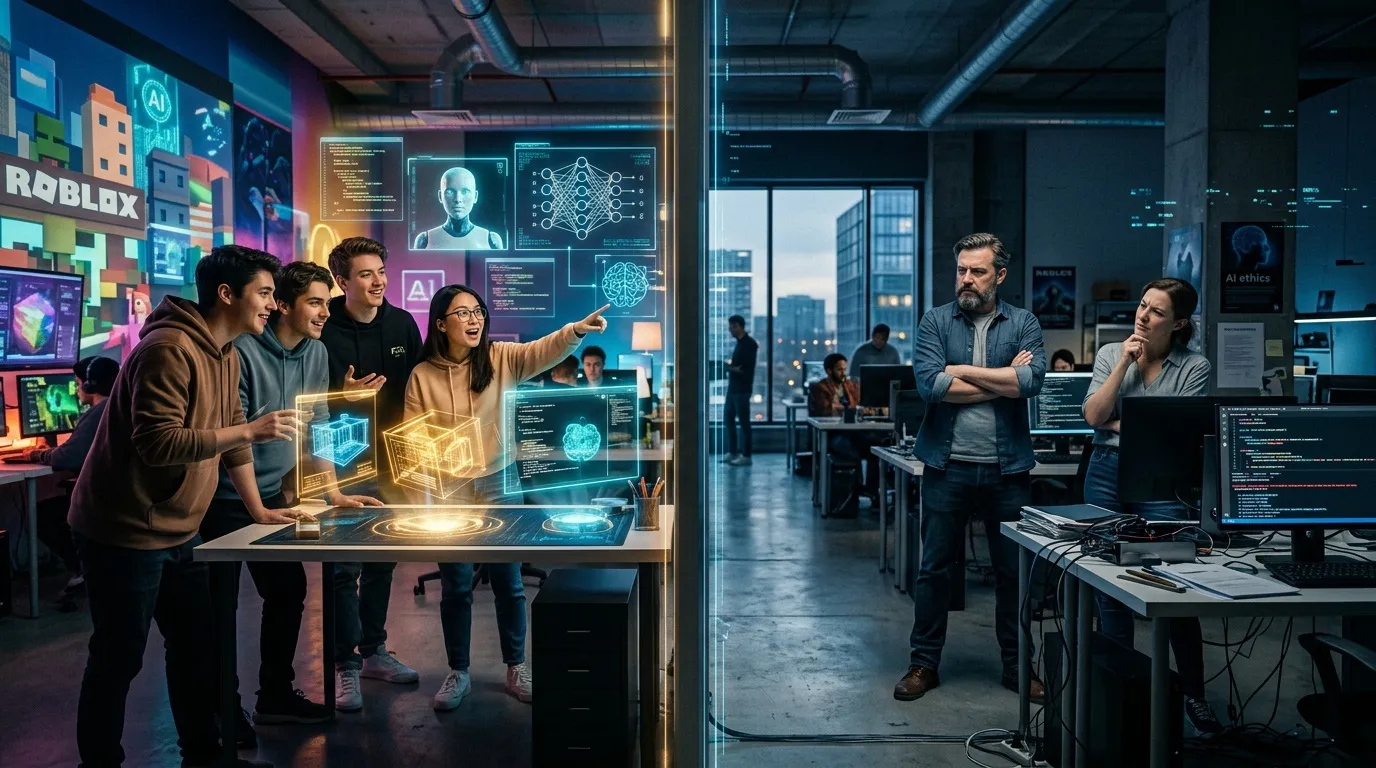 Jeunes développeurs découvrent l'IA en entreprise tech moderne