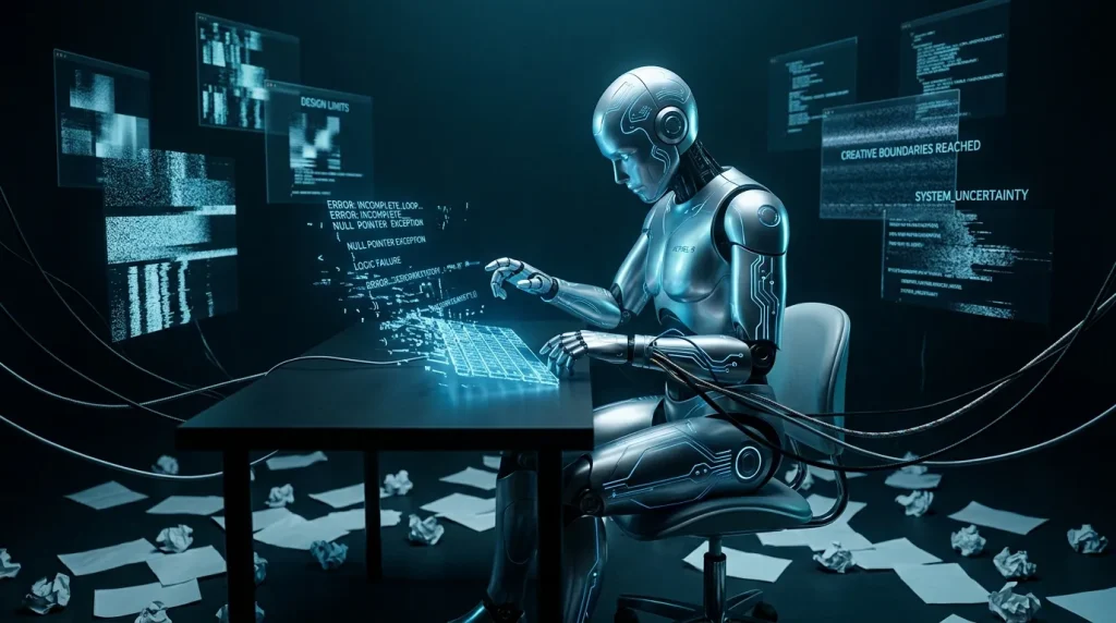 Robot futuriste travaillant sur ordinateur entouré d'écrans numériques