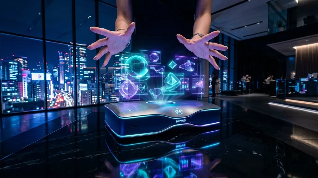 Mains manipulant des hologrammes 3D dans un gratte-ciel moderne