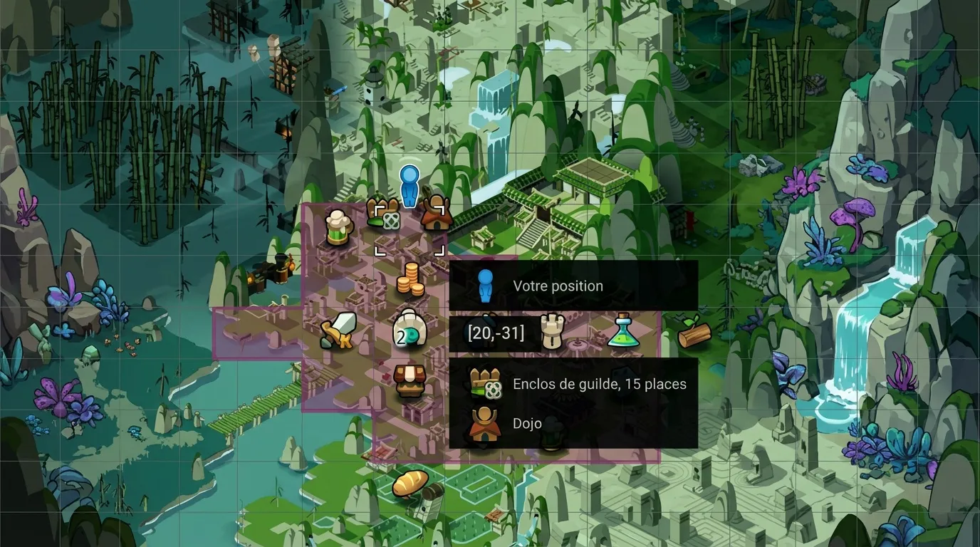 Carte isométrique avec interface montrant position joueur et dojo
