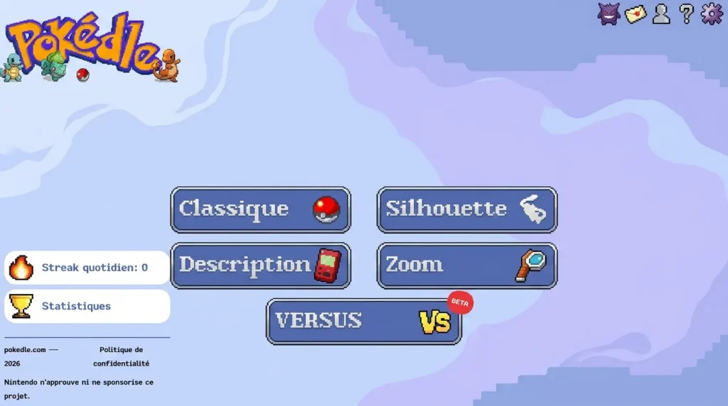 Écran d'accueil Pokédex avec options de navigation et statistiques
