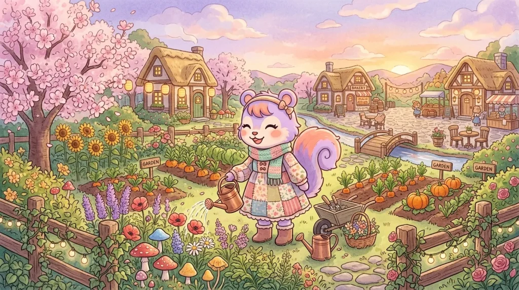 Petite fille avec queue mauve jardinant devant des maisons rustiques