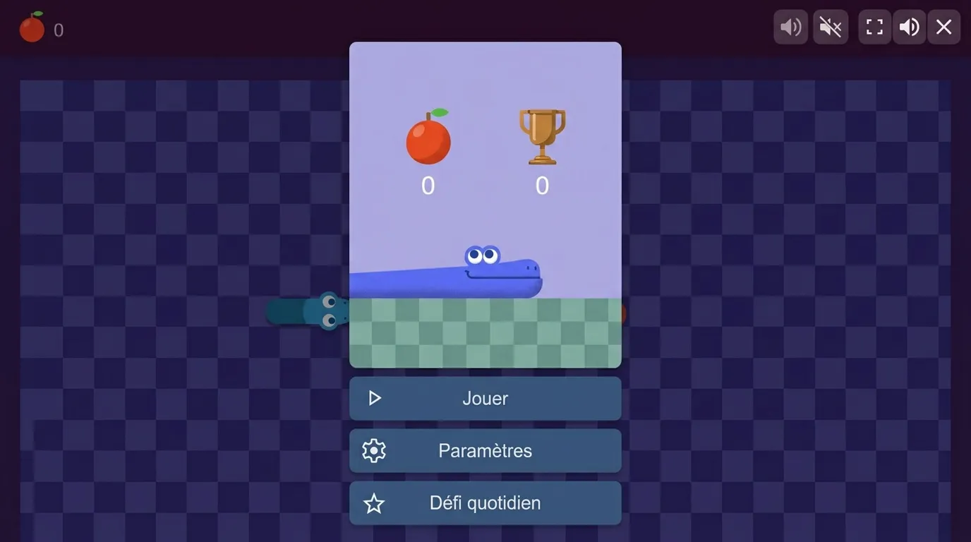 Écran de menu d'un jeu de serpent avec scores et options