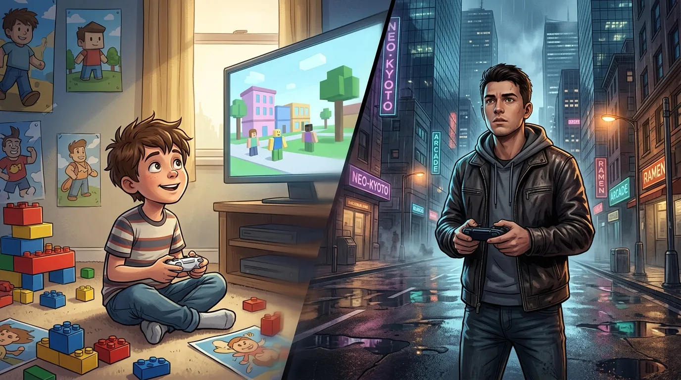 Enfant jouant aux jeux vidéo dans sa chambre, adulte dans une ville futuriste