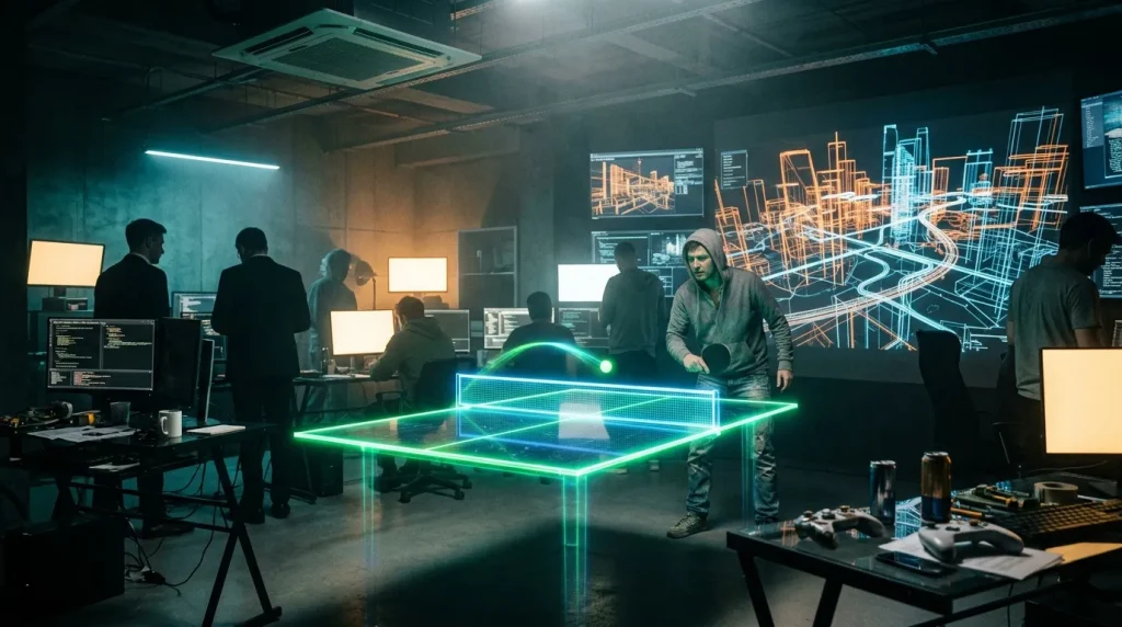 Équipe travaillant dans un laboratoire high-tech avec hologrammes verts