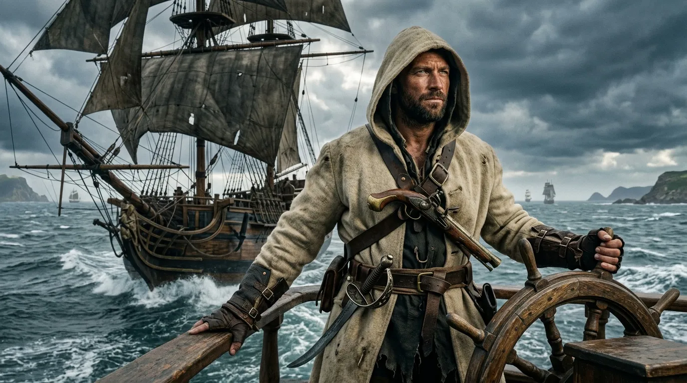 Pirate barbu à la barre d'un navire voilier en mer