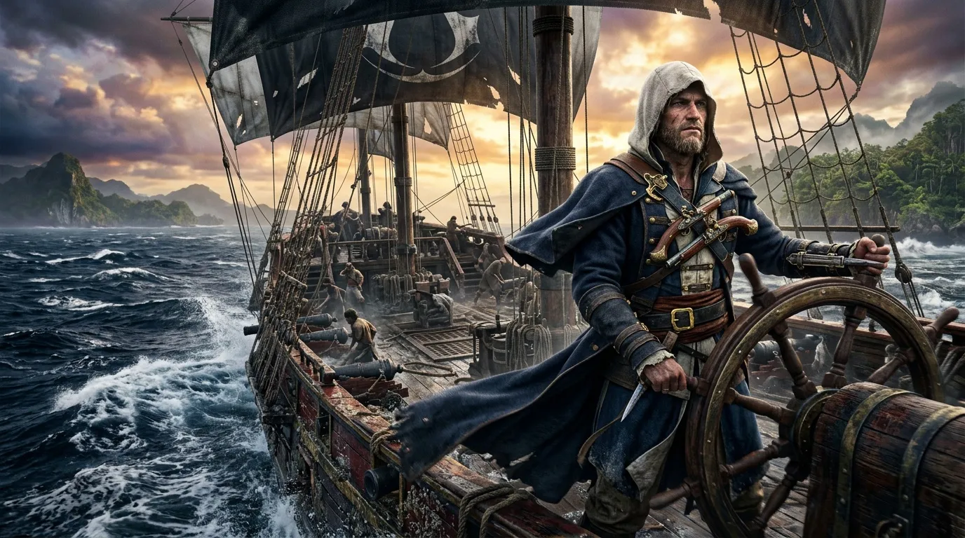 Pirate barbu à la barre d'un navire en tempête océanique