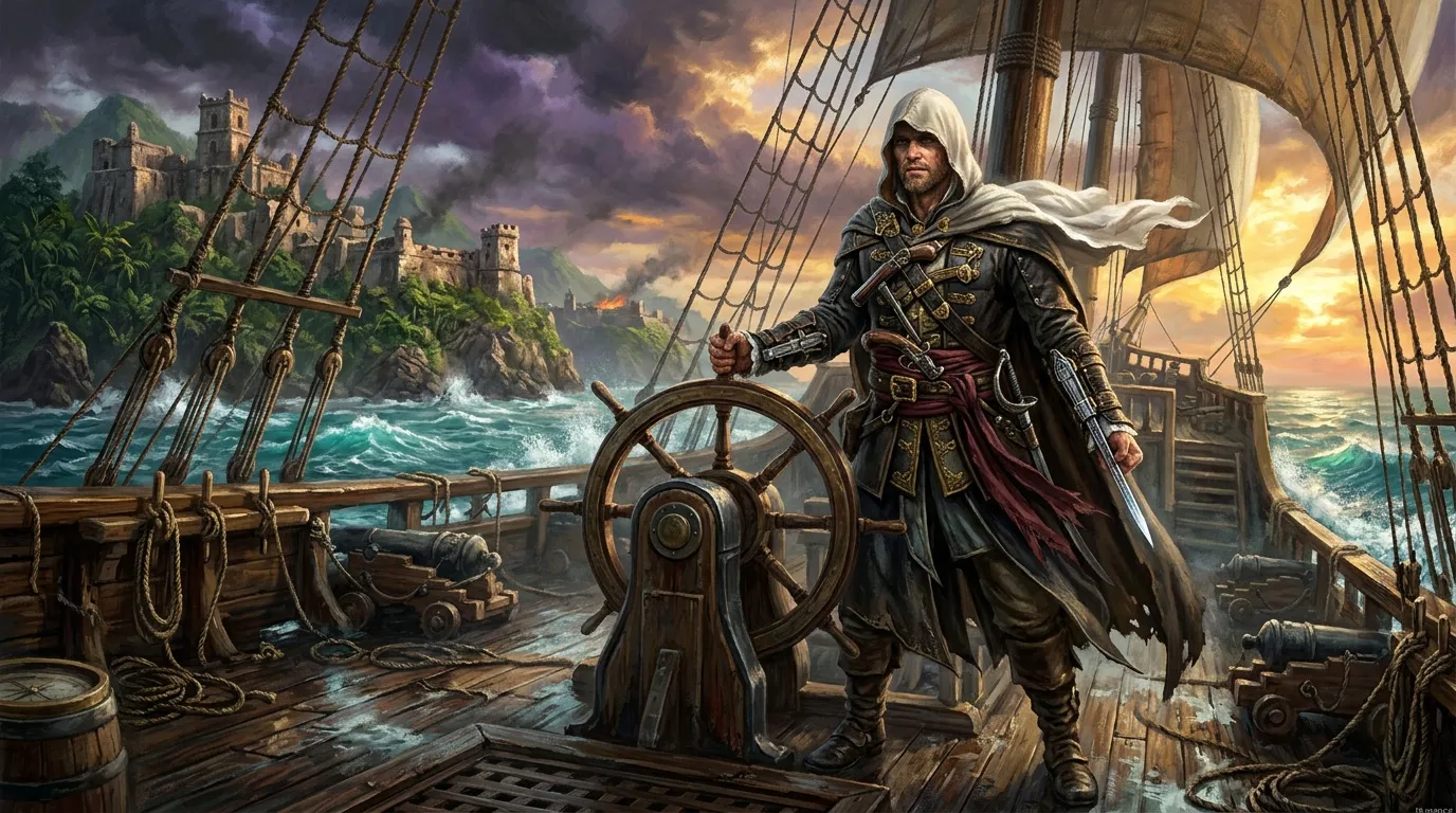 Pirate armé au gouvernail d'un navire en mer agitée
