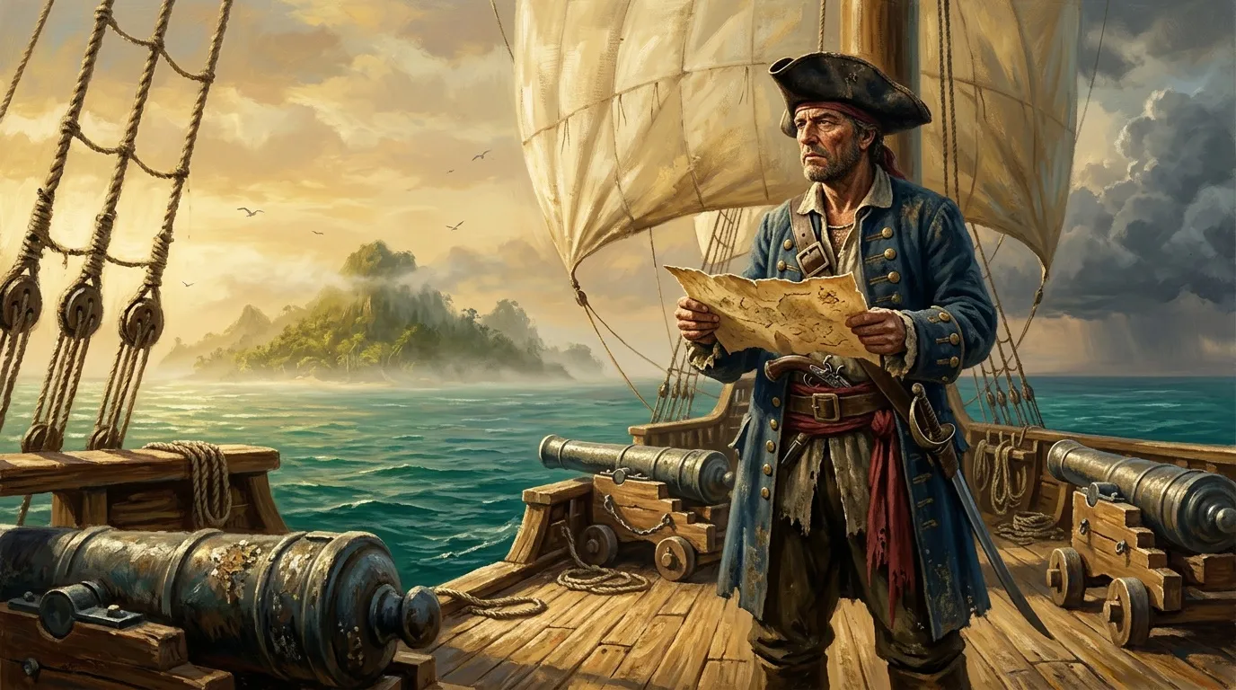 Pirate consulte une carte au pont de son navire.