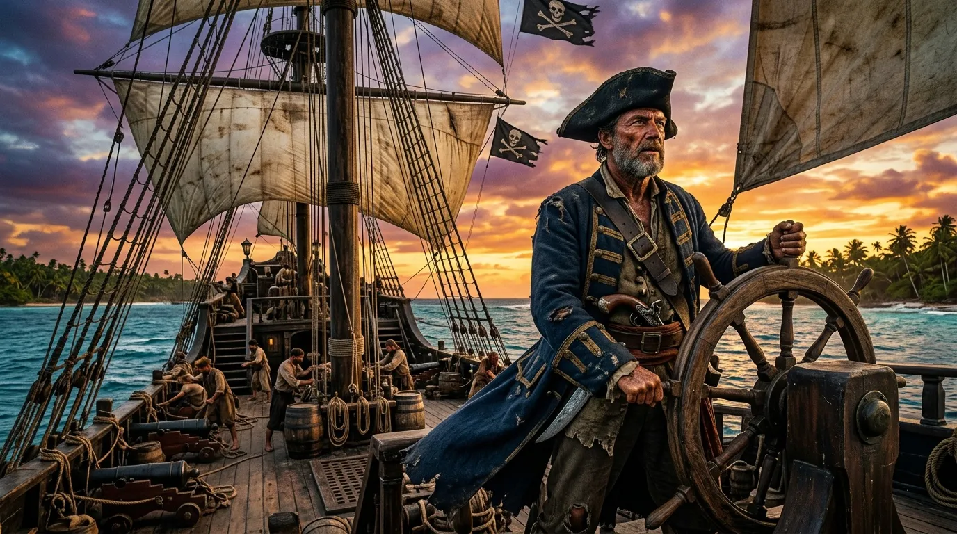 Pirate barbu à la barre d'un navire au coucher de soleil