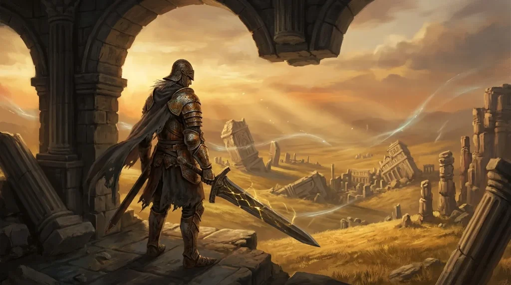 Guerrier armé contemplant des ruines antiques au coucher soleil doré