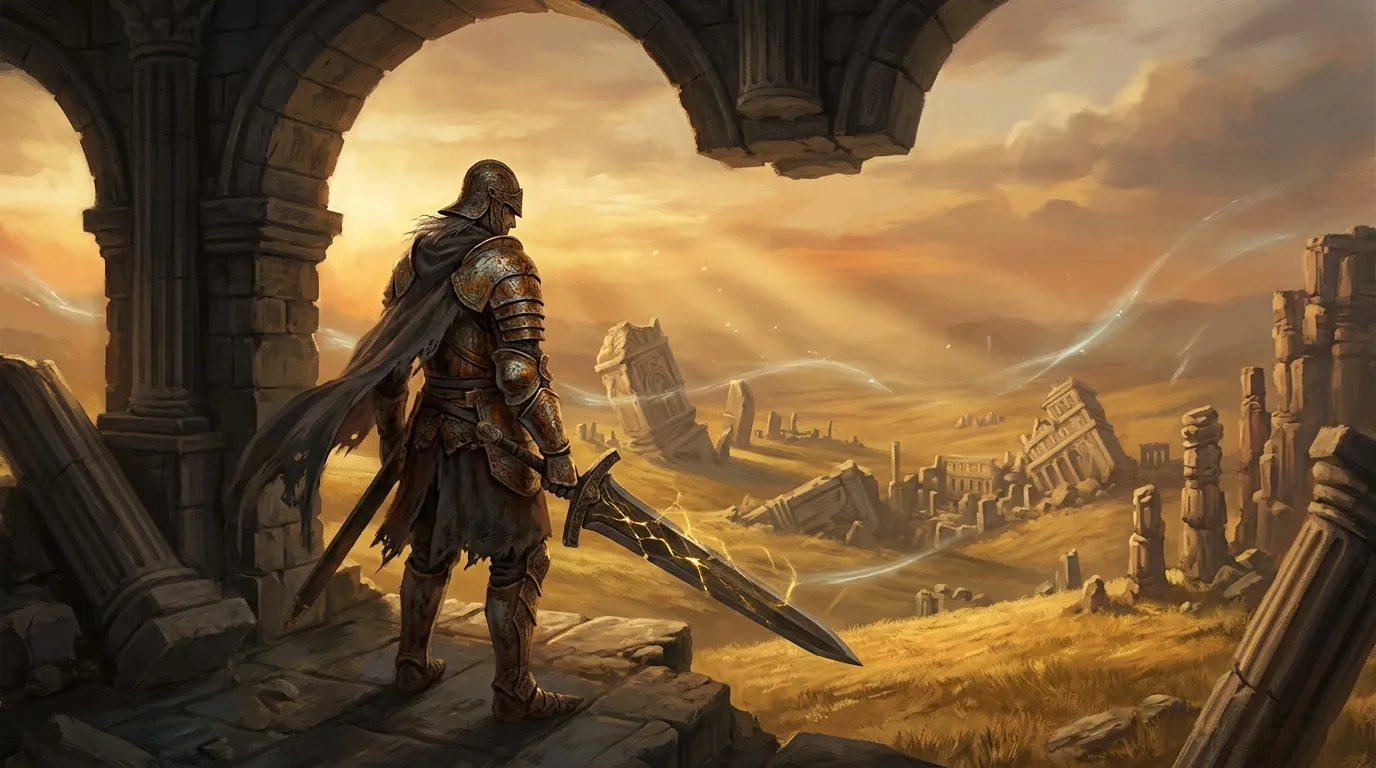 Guerrier armé contemplant des ruines antiques au coucher soleil doré
