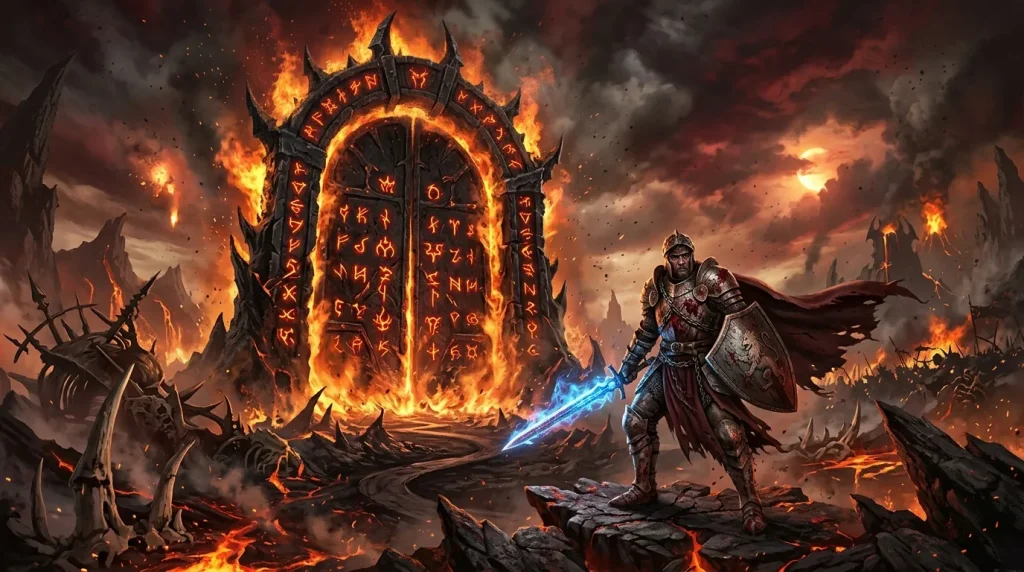 Guerrier armé devant portail de feu avec runes magiques