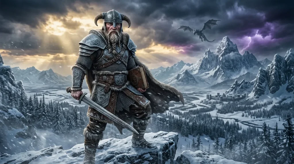 Guerrier viking barbu armé épée montagne enneigée dragon