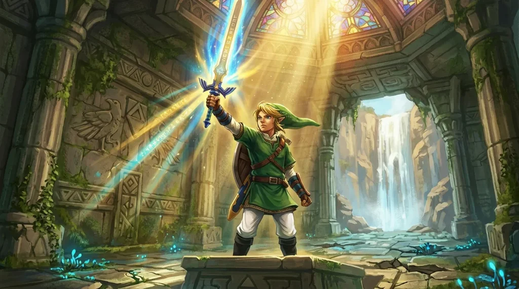 Jeune héros en vert levant épée magique brillante dans temple ancien