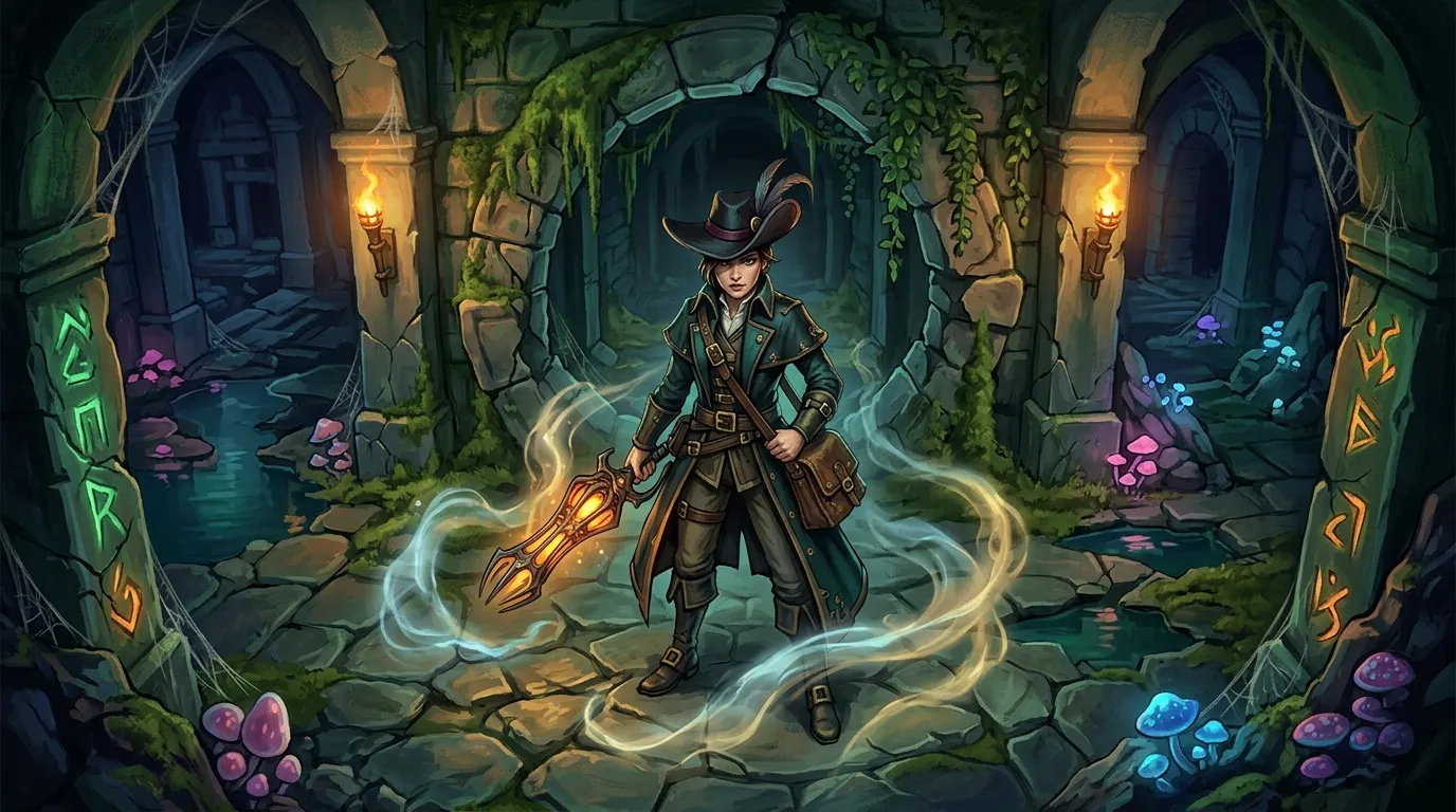 Magicien en costume steampunk dans une caverne souterraine mystique