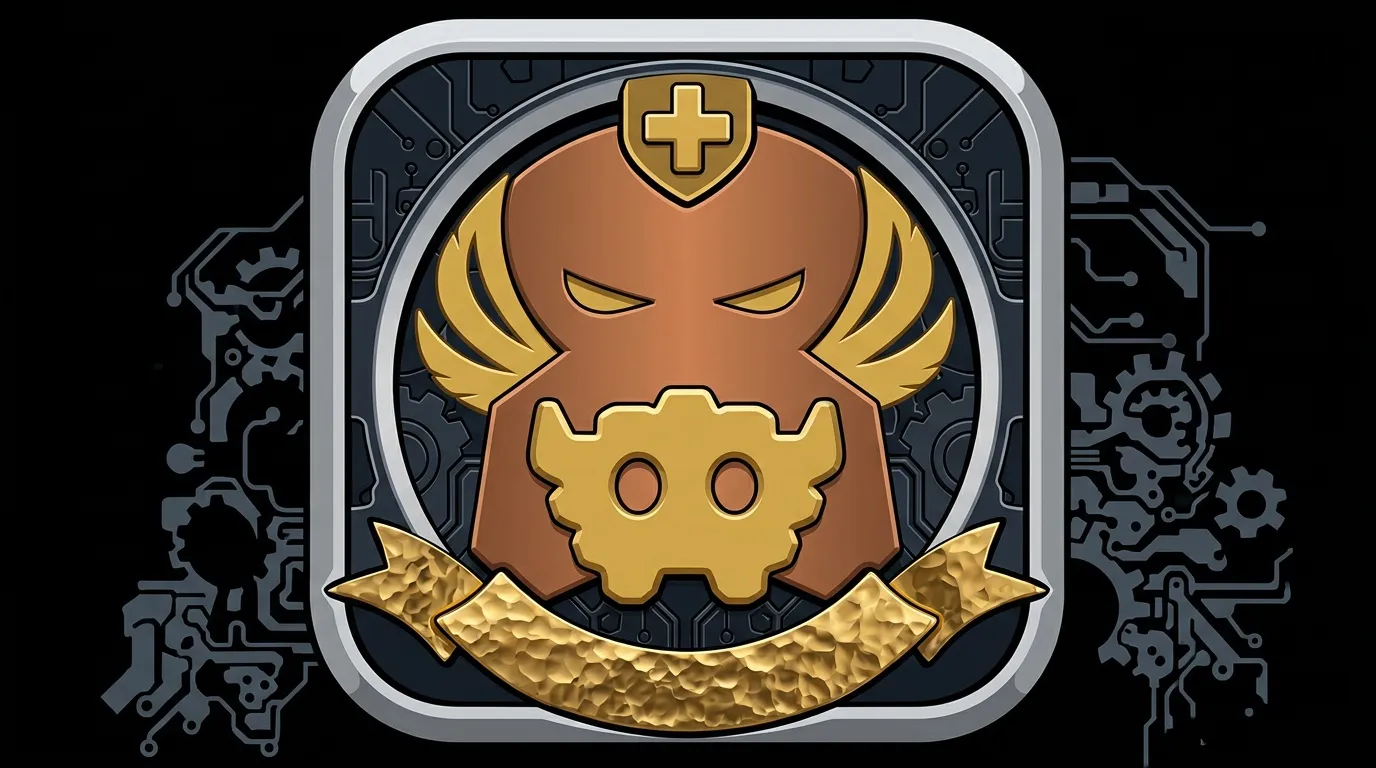 Personnage armure dorée avec engrenage, symbole croix