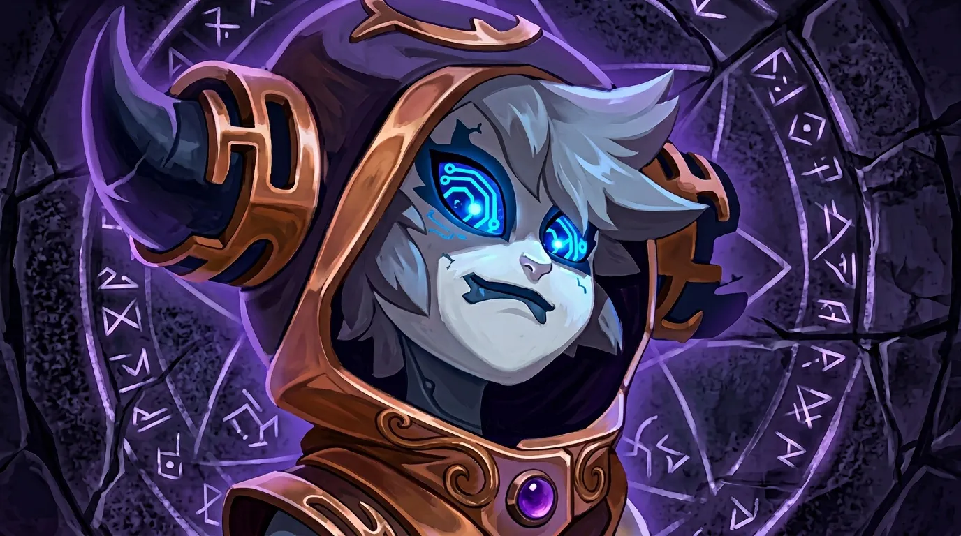 Personnage avec yeux bleus brillants, robe marron, symboles magiques pourpres