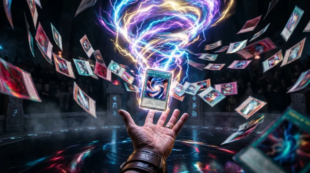 Main levée tenant une carte brillante entourée d'énergie électrique