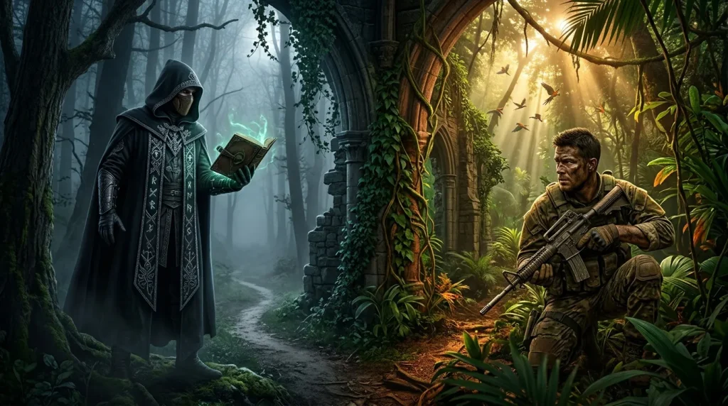 Mage encapuchonné et soldat armé dans ruines envahies jungle