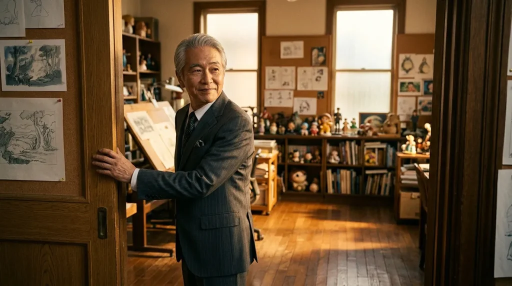 Homme âgé en costume dans un studio d'art rempli de dessins.