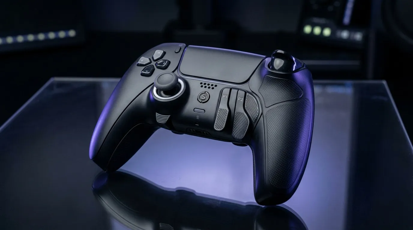 Manette gaming noire avec éclairage bleu violet, vue détaillée.