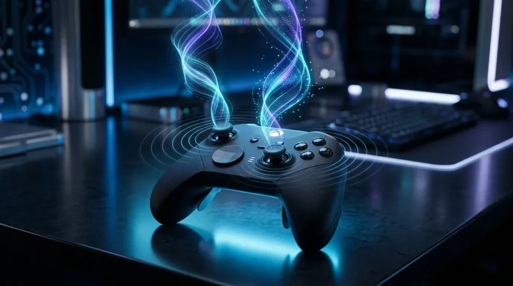 Manette de jeu noire avec effets lumineux numériques bleus