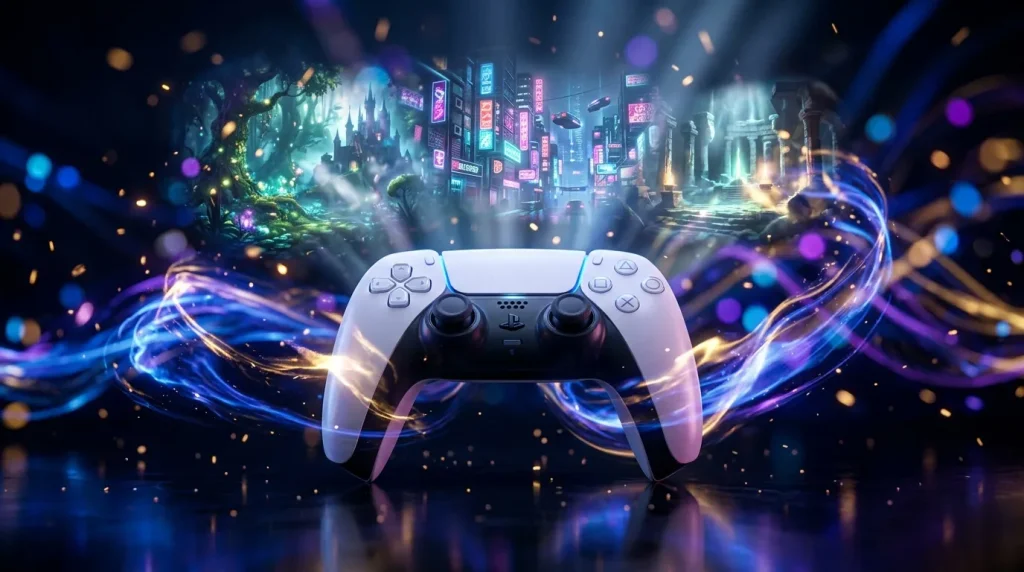 Manette PlayStation 5 blanche avec effets lumineux numériques colorés