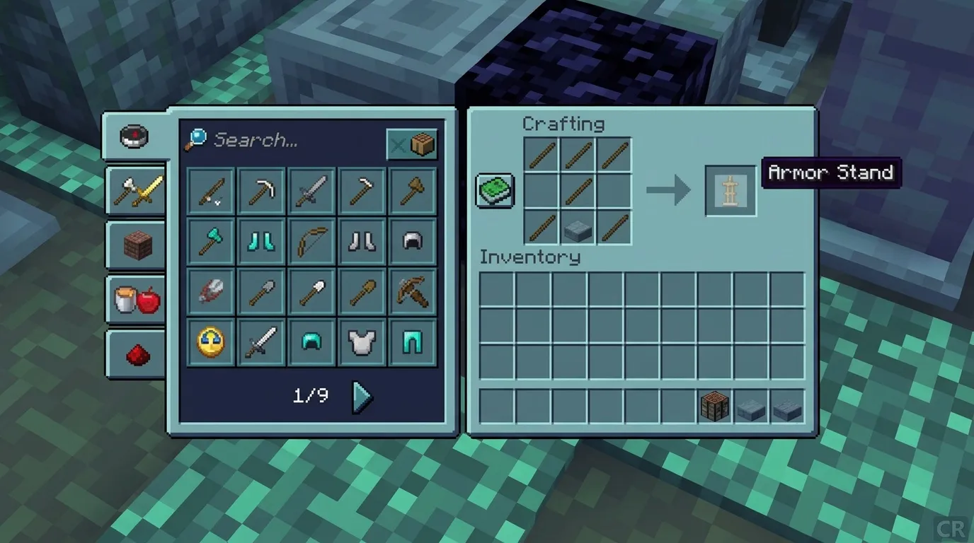 Interface de craft Minecraft montrant la création d'un support d'armure