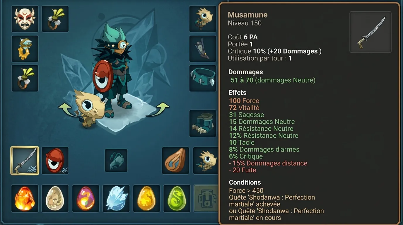 Interface jeu montrant épée Musamune, stats et effets détaillés